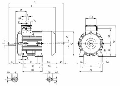 Габаритные и присоединительные размеры электродвигателя 1LA9 с 56 по 90 габарит (IMB5-фланец) 